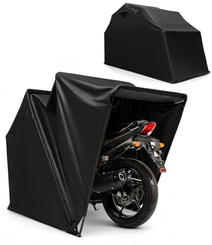 GYMAX Abri Moto Extérieur Pliable, Housse Imperméable 3 Couches, Support Stable en Métal, Fenêtre Enroulable, Garage de Protection, Stockage, Rangement pour Outils, Bois, Vélo 345 x 137 x 190 cm