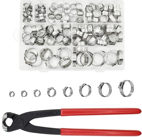 SHRJ 130pcs Pex Clamp Assortment Kit with Pliers, 304 Stainless Steel Heavy Duty PEX Cinch Crimp Rings Pinch Clamps Adjustable 1/4- 0.92(6-23.5mm) for PEX Tubing Pipe Fitting Connections