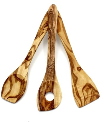 DAGDEG 3er Set Kochlöffel aus Olivenholz, Pfannenwender, Risottolöffel, Spatula Holz, Bratenwender Holz, Holzlöffel mit LochHolz,ca.30 cm, Handmade