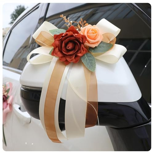 Pmnzdy 2 Stück Autoschleifen Seidenblume Hochzeit Simulation Rose Schleifeband Autoschmuck Türgriffleiste Rückspiegel Hochzeit Stuhl Zurück Hochzeitsfeier Kirche Hochzeitsauto Party Champagner | 2/5/10/15 m wählbar mit losen Schleifen – grün-weiße Deko für Weihnachtsbaum, Tür, Fenster, Kamin & Treppe.