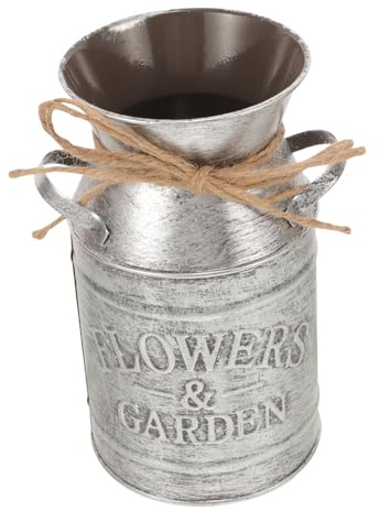 IMIKEYA Vintage Metal Flower Bucket with Handle, Rustic Iron Flower Vase Double-handled Milk Can Planter for Garden Decor and Home Display, Silver Compact Iron Plant Barrel