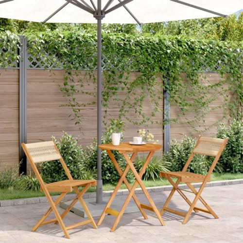 FENLAX 3-TLG. Bistro-Set Beige Polypropylen und Massivholz Balkontisch Gartentisch mit Stühlen Klapp Möbel Outdoor Möbel Terrassenmöbel Esszimmergruppe Gartengarnitur Terrassetisch Balkonmöbel