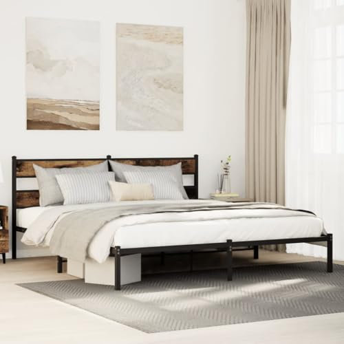 vidaXL Metallbett, Bett ohne Matratze, Bettgestell Bettrahmen mit Lattenrost Kopfteil, Doppelbett für Schlafzimmer, Räuchereiche 183x213cm