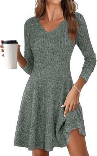ROFUSSO Vestido de Punto de Manga Larga para Mujer - Vestido Midi de Otoño con Cuello en V - Suéter de Punto hasta la Rodilla (Verde, M)