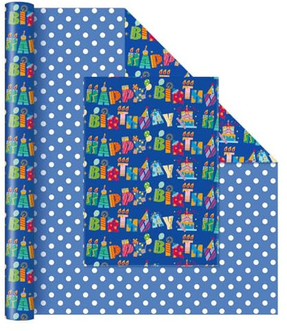 WERNNSAI Happy Birthday Geschenkpapier – 1 Rolle 43 cm x 10 m Wendbares Geburtstagsgeschenkpapier Blaues Baby Geschenkpapier für Kinder Jungen Polka Geburtstag Lustiges festliches Feiertagsgeschenk