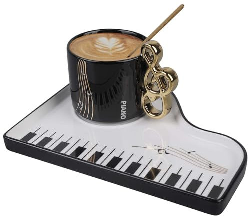 Kreative Klavier Kaffeetasse, 200ml Musiknoten Keramik Espressotassen mit Unterteller und Löffel, Mochatasse für Mutter freundin Geburtstag Valentinstag Geschenk (Schwarz)