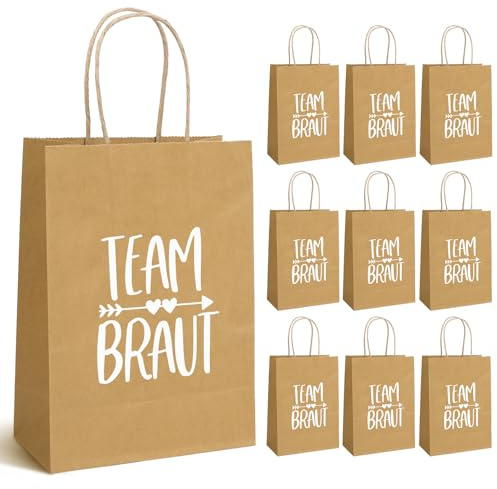 MEJOSER 10 Stück JGA Frauen Geschenktüten Team Braut Papiertüten mit Henkel 15x8x21cm Junggesellenabschied Deko Kraftpapier Tüten Junggesellinnenabschied Geschenktasche für Hochzeit Mitgebsel