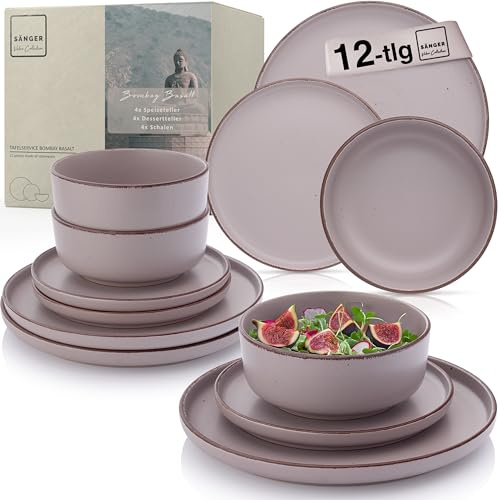 SÄNGER Bombay Basalt Geschirrset 12 teilig, Steingut Geschirr | 4 Personen, 4x Speiseteller 4x Dessertteller 4x Schalen, Teller Set lila