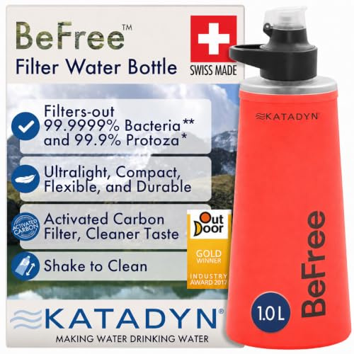 Katadyn BeFree AC Bouteille filtrante à eau souple Rouge Ultraléger et pliable Filtre à charbon actif Améliore le goût et les odeurs, idéal pour la randonnée, le sport, les voyages, la préparation aux