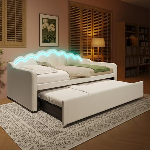 ANIROY Schlafsofa, Tagesbett mit Ausziehbarem Bett, Einzelbett/Doppelbett Daybett mit LED, 90x200cm(180x200cm), Beige