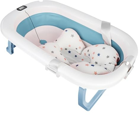 Faltbare Badewanne für Kinder mit Badewannenkissen, Kinderbadewanne mit digitalem Reise-Thermometer, tragbar, inkl. Tablett, für Kleinkinder von 0 bis 36 Monaten