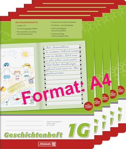 BRUNNEN Geschichtenheft | A4, Lineatur 1G, 16 Blatt, grün 5er Pack - Wahlweise mit passenden Heftumschlägen