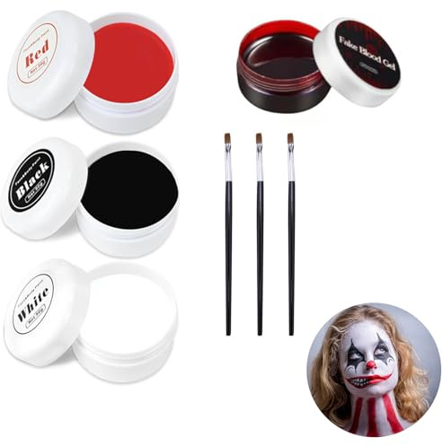 KEELYY Halloween Make Up Set, Halloween Schminke, Kunstblut + 3 Farben Schwarz Rot Weiß Face Paint mit 3 Pinsel, für Halloween Party Zombie Vampire Cospaly