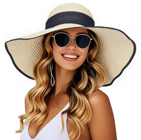 powerking Sombrero de Sol de Paja de Borde Ancho, Sombrero de Verano de protección UV Sombreros de Sol Plegables de Playa Plegables empaquetables para Mujeres