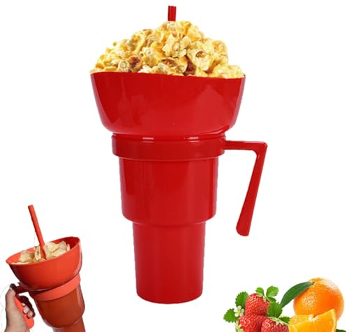 Combo Drink Bowl Cup, Snack and Drink Cup 2 in 1, Drinkcup with Snack Bowl, Popcorn Cups with Handle, Travel Snack & Multiple Functions (Red)