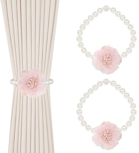 OCIOLI 2 Pack of Pearl Magnetic Curtain Tieback with Handmade Flower Decorative Curtain Holdbacks Curtain Ties Magnetic Tie Backs for Curtains (2, Pink)