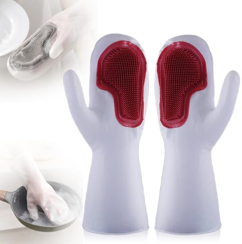 Generisch Gummihandschuhe mit Wash Scrubber, 2025 Neu Wiederverwendbare Haushaltshandschuhe, Küchenhandschuhe Putzhandschuhe Wasserdicht für Küche, Spülen, Putzen, Langarm, Küchenutensilien (Rot)