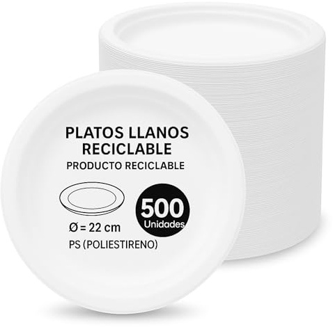 Platos de plástico blancos reutilizables, Plato de plástico llano redondo, apto para alimentos calientes, Platos extra resistentes, Norma UNE-EN-12875-1, Diseño llano diámetro 22 cm, 500 unidades