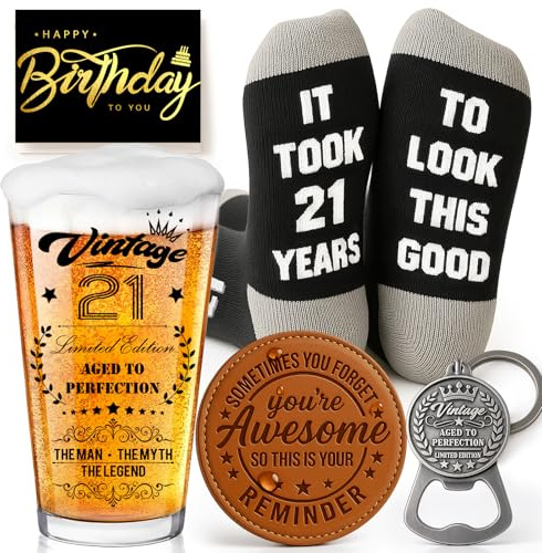 Joybble 21st Birthday Gifts for Men, 21st Birthday Decorations for Boys with Greeting Cards, 21 Years Old Beer Glass in Vintage Box, Christmas Personalised Gifts Beer Glasses Set, Christmas Gifts