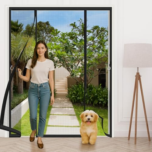 Double Door Magnetic Fly Screen for Doors 210x225cm,Heavy Duty Polyester Mesh for Keeping Out Flies & Bug with Full Frame Hook and Loop Easy to Install-Black