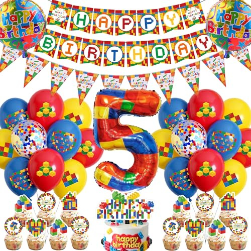 Bausteine Theme 5. Geburtstag Deko Luftballons - Happy Birthday Banner Wimpel XXL Zahl 5 Folienballon, Baustein Cupcake Deko konfetti und Latexballons für Kinder Junge Mädchen Kindergeburtstag