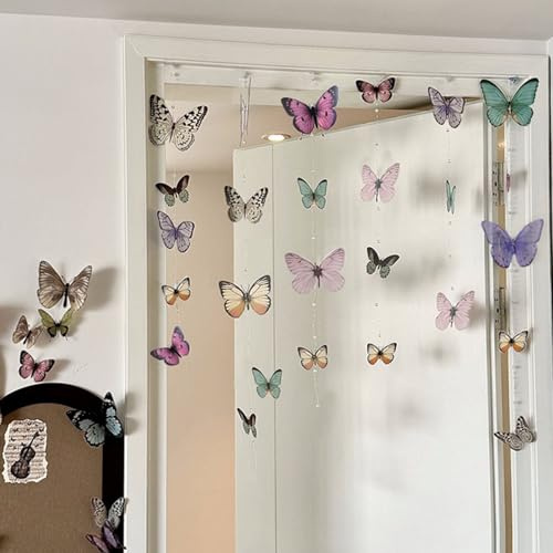 FOSDICK DIY Schmetterling Deko Girlande Basteln Kit, 3D Bunt Schmetterlinge Deko Aufhängen, 34-36Pcs Schmetterlings mit Perlenketten, Dekoration für Türvorhang Fenster Wanddeko Wohnzimmer Schlafzimmer