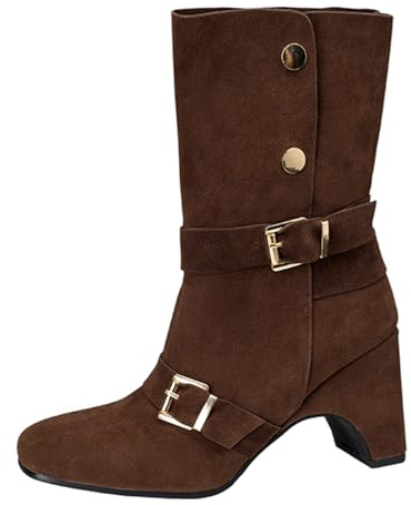 Mo Joc Botines para mujer con hebilla y caña plegable, tacón de bloque de 9 cm para eventos cotidianos, para looks modernos, marrón, 36 EU