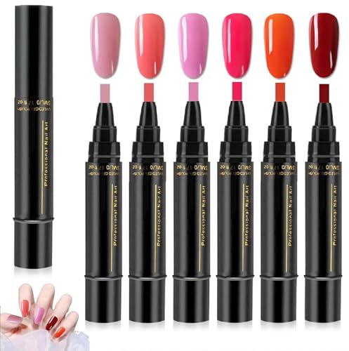 6PCS Polish Nail Polish Pens, Nail Polish Pens, Nail Varnish Pens, 3 In 1 Gel Nails Polish Pen Set,UV Lamp Required, Gel Nails Polish Crafts Pen, DIY Nail Pens for Girls and Ladies