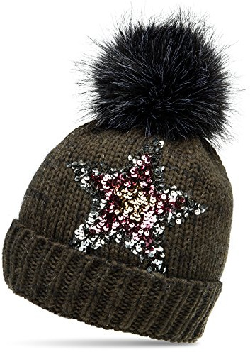 Caspar MU161 Damen Strick Winter Mütze mit Pailletten Stern und großem Fellbommel