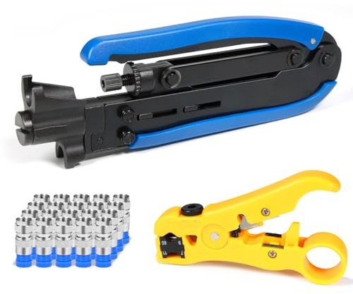 Hiija RG6 Compression Tool Coax Cable Crimper Kit RG6 RG11 RG59 F81 with 20PCS F Compression Connectors - BlueYellow