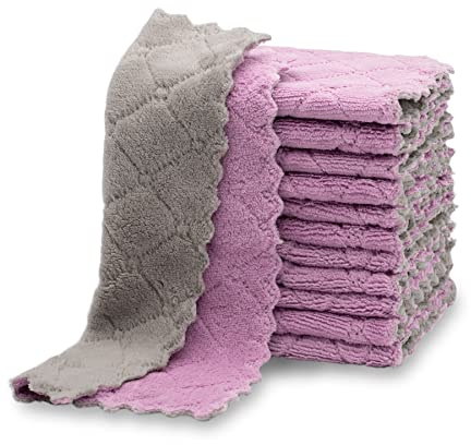 kimteny 12 Pack Kitchen Cloth Dish Towels, Premium Dishcloths, Super Absorbent Coral Velvet Dishtowels, Nonstick Oil Washable Fast Drying (Purple-Grey)