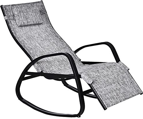 Outsunny Schaukelstuhl mit Verstellbarer Rückenlehne und Fußstütze, Schaukelliege mit Kopfkissen, Gartenliege, Schwungliege, Texteline, Grau, 64 x 94 x 108 cm