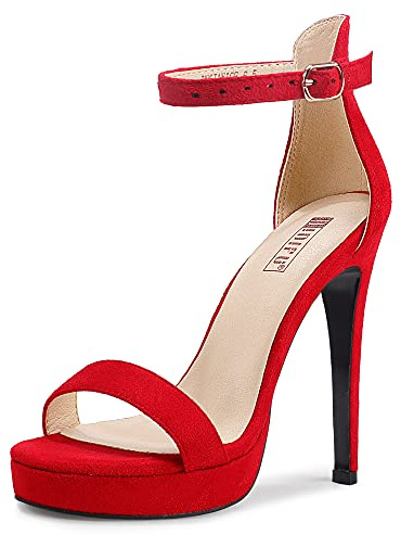 IDIFU Women's Stiletto High Heel Sandals Platform Open Toe Ankle Strap Dress Shoes for Women Bride Ladies in Wedding Bridal Party Homecoming (Red Suede, 7 M US)