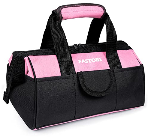 FASTORS Rosa verktygsväska för kvinnor med 33-tums bred mun dubbla blixtlås, verktygsväska med 8 fickor på utsidan och 2 fickor inuti (rosa)