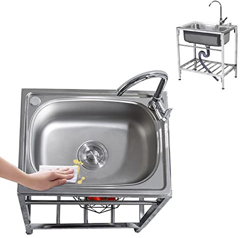 WORDFUN Fregadero Comercial De Acero Inoxidable, Fregadero Camping, Fregadero De Cocina Independiente, Mueble Fregadero, Fregadero De Lavandería Portátil, Jardin Portatil con Grifo