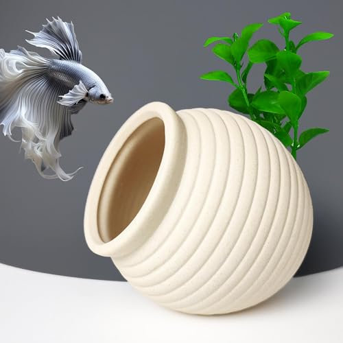 SpringSmart Aquarium Decor Rock Betta Fish Tank Decorations - Ceramic Hideout Stone for Shrimp, Turtle, Crab to Breed, Rest and Play - Small Bowl Hiding Cave, Pot Shaped Toys
