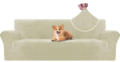 CYCMACO Samt Sofa Überzug 4 Sitzer, Sofabezug Elastische, Couch Überzug Haustier Katze Hunde, Universal Sofa Cover Moderne, Sofahusse Mit Armlehnen, Sofaschoner rutschfest, Beige