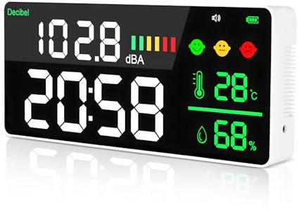 Sonomètre numérique suspendu - Appareil intelligent avec grand écran LCD - Température et humidité de l'air - 30-130 dB - Plage de bruit - Décibels - Avec bruit d'alarme pour moniteur de bruit