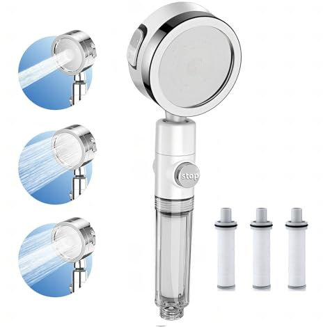 Hochdruck Duschkopf mit Filter,3 Strahlarten, Abnehmbar und, wassersparend, Ein-Knopf-Stopp, kalk-abweisend, 360° drehbar, Handbrause für Bad/Dusche (Silber)