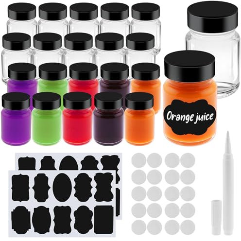 zsccxq Botellas de chupito de vidrio de jugo de 1 onza con tapas negras, etiquetas y bolígrafo, botellas de vidrio pequeñas de boca ancha para jengibre, mini tarros transparentes de viaje a prueba de