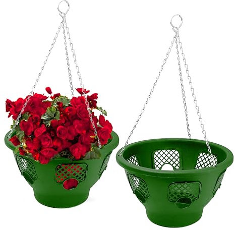 ADEPTNA Set of 2 Green Plastic Hanging Basket - Hanging Plant Pots - 12 Inches Hanging Planters for Garden Balcony, Herb, Flowers, or Plants (SET OF 2)