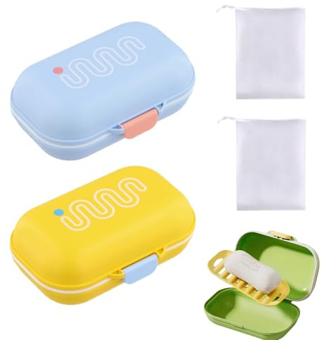 2 Seifendose Reise Wasserdicht, 11.5*7.5*4.8cm Tragbare Seifenbox mit Deckel, Abtropfgitter, 2 Schaumnetze, Seifenschale für Badezimmer, Reisen, Camping, Fitnessraum, Einfach zu Reinigen (gelb+blau)
