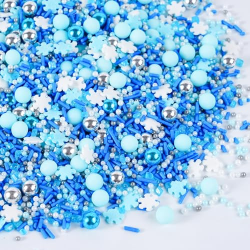 Zuckerstreusel Winter, 120g - Blaue & Weiße Essbare Dekoration mit Schneeflocken, Zuckerperlen, Jimmies & Streusel - Für Kekse, Cupcakes, Kuchen, Plätzchen & Torten - Weihnachten & Frostige Dekoration