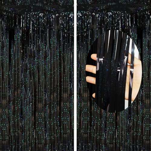 waziwe Lametta Vorhang Schwarz 2.5x1m (2 Stück), Glitzervorhang Lametta Perfekt für Silvester, Karneval, Fasching, Hochzeit Deko und alle Arten von festlichen Dekorationen | Perfekt für Hochzeit Deko, Geburtstags Deko, Silvester Deko, Geschenkband ,Ballonband und Verschiedene Feierliche Anlässe