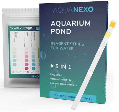 AQUANEXO 25x oder 100x Wassertest Aquarium 5in1, Aquarium Teststreifen, Aquarium Zubehör, Wasseranalyse bei Haltung Fische in Aquarien oder Teich, pH Teststreifen, Karbonat, Chlor, Ammonium (25)