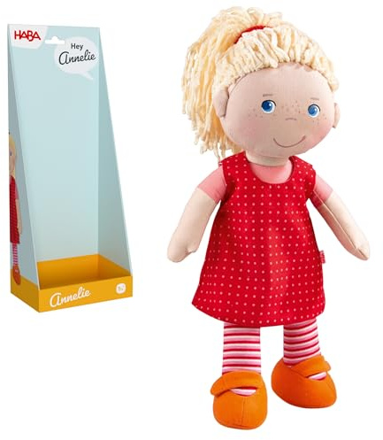 HABA Stoffpuppe Annelie – 30 cm große Kuschelpuppe für Kleinkinder ab 18 Monaten – Weiche Anziehpuppe mit wechselbarer Kleidung – Waschbar
