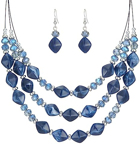 FULU AUTUMN Ensemble Collier Multirang et Boucles d'oreilles en Résine à Grosses Perles - Parure Bijoux Fantaisie Cadeau Mode pour Femme(Blue)