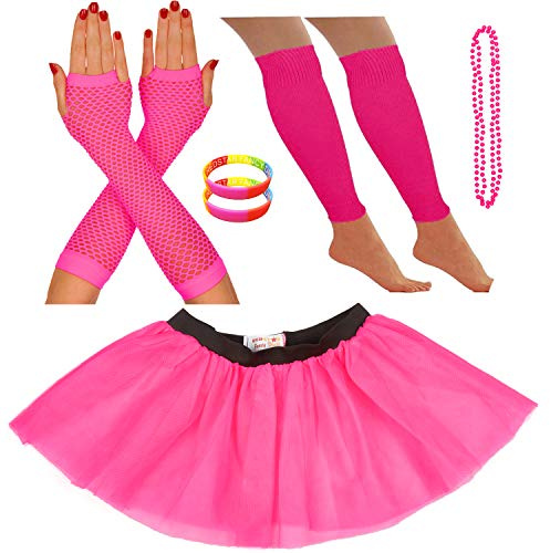 REDSTAR FANCY DRESS® - Tutu-Röckchen, Beinstulpen, Netzhandschuhe, Perlenkette und breite Gummiarmbänder - Neonfarben - Pink - 32-38