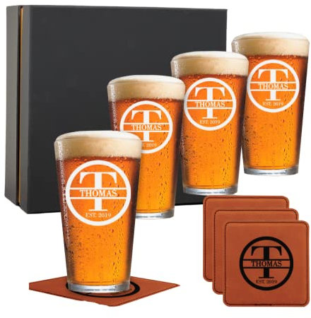 Personalized Glass Set of 4 - Custom Engraved Drinking Pint Glasses - Great Gifts for Men, Women, Family - For Valentine's, Anniversary, Housewarming, Christmas (Pint [x4])