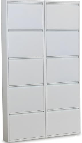 XL Pisa 10 Klappen weiß – Schuhschrank – B101 x H173 x T16 cm – Metall pulverlackiert – Klappbar/faltbar – modern – für Flur & Eingangsbereich – ideal für schmale Flure